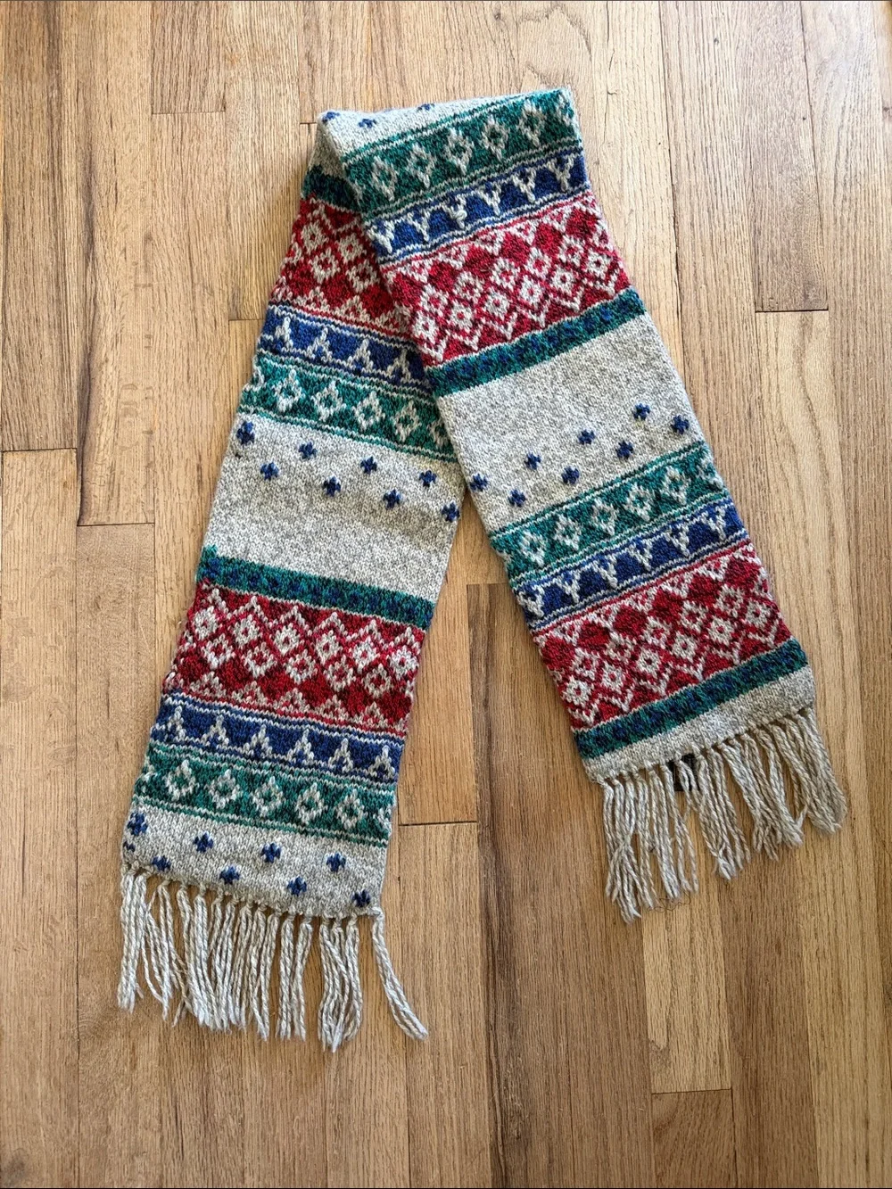 Eddie Bauer Wool Fair Isle Knit Fringe Scarf in Cream, Red, Green, Blue